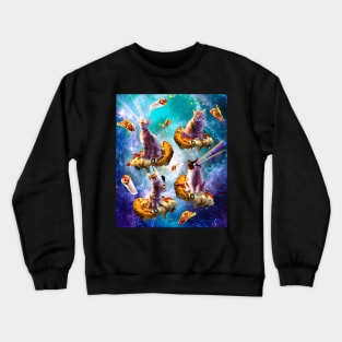 Outer Space Cats With Rainbow Laser Eyes Riding On Pizza Crewneck Sweatshirt